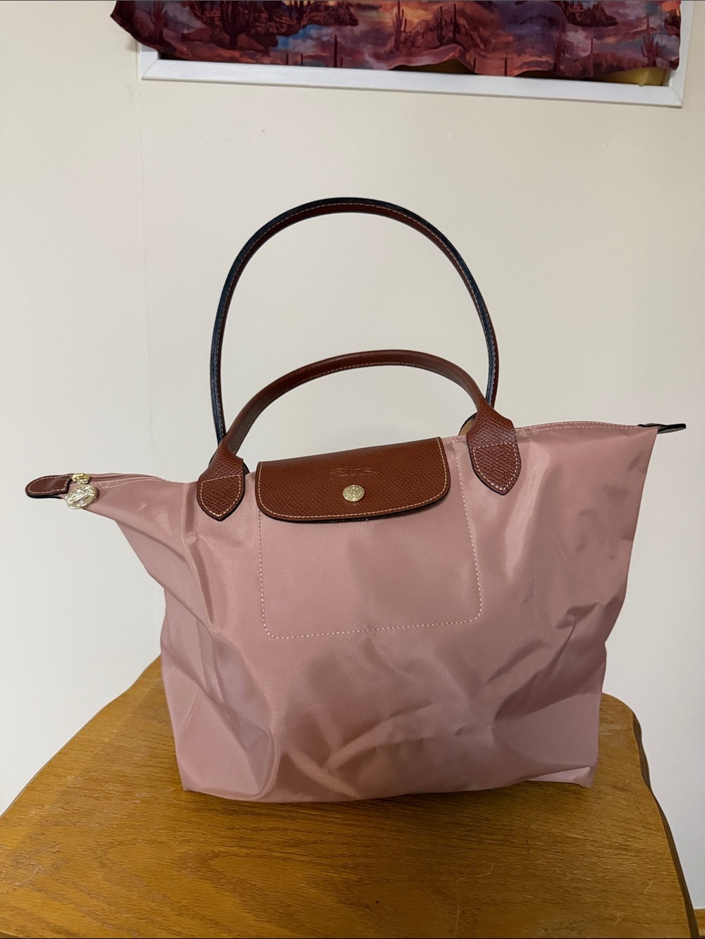 Classic Foldable Tote Bag - Dusty Pink with Brown Trim